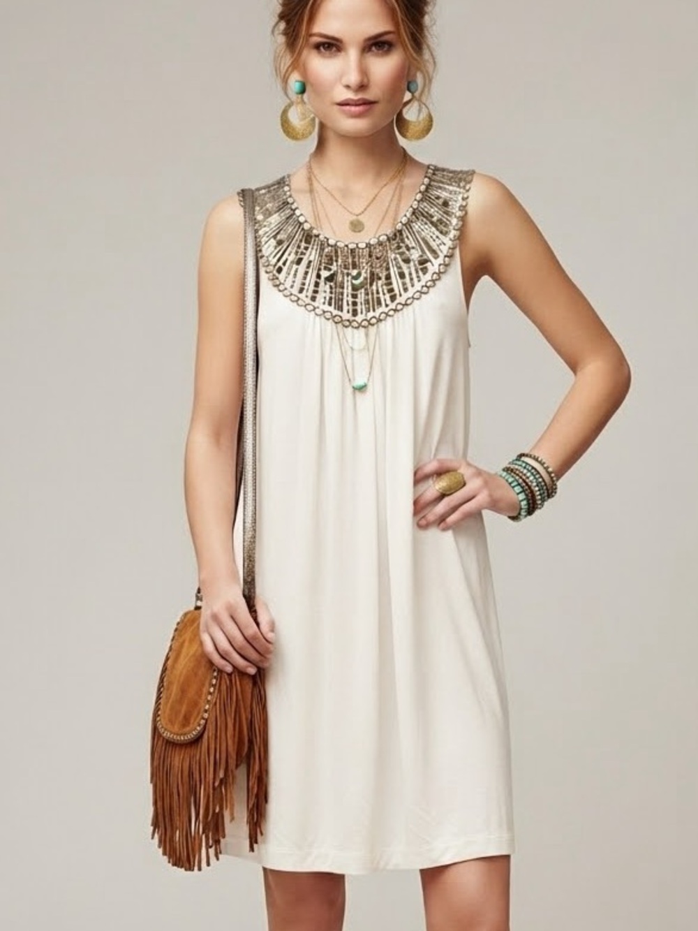 Miss me Greek Goddess White Bold Statement Beaded Collar Dress Metal Accents